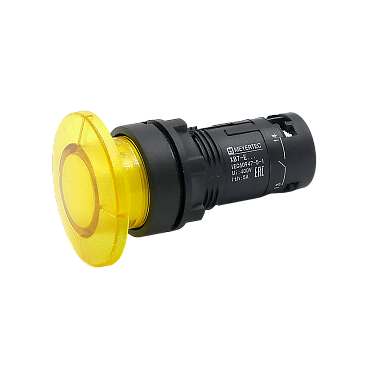 Кнопка грибовидная желтая с подсветкой, Ø40  мм, 1NO, 220 AC, IP54, пластик